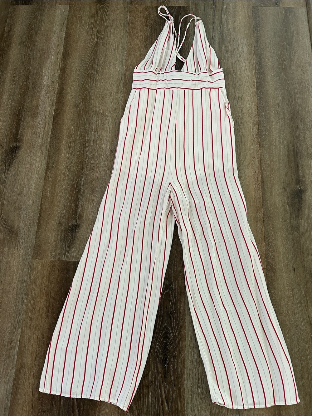 White & Red Vertical-Stripe Wide-Leg Jumpsuit